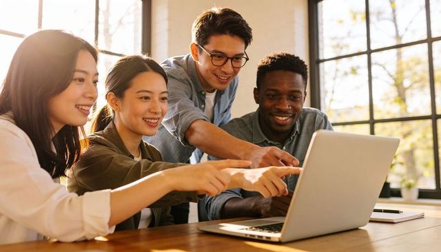 Multicultural team collaborating on laptop, pointing at screen in bright modern office
