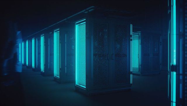 Futuristic Data Center with Glowing Neon-Blue Server Racks
