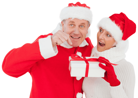 Smiling Couple in Santa Costumes Celebrating Christmas with Gift Transparent