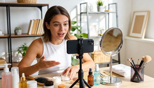 Skincare creator recording beauty tutorial at home desk with phone on tripod and makeup brushes