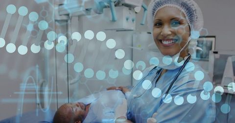 Smiling clinician providing bedside care with dna data overlay for precision medicine