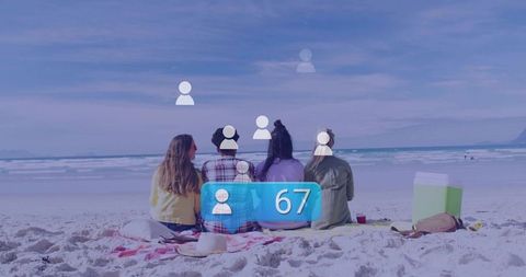 Women Relaxing on Beach, Social Media Engagement Concept