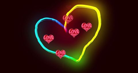 Neon Heart Outline with Floating Love Messages