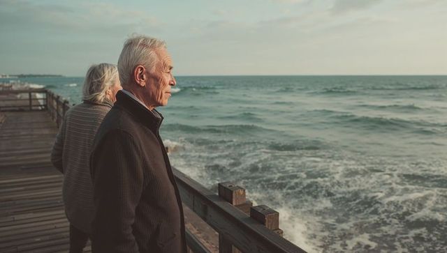 Senior couple gazing at ocean from wooden pier, contemplative seascape boardwalk scene