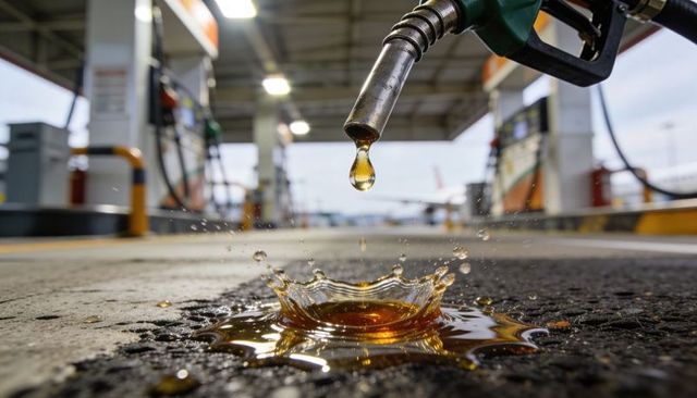 Macro gasoline nozzle dripping amber fuel droplet forming crown splash on forecourt asphalt