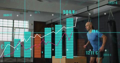 Athlete performing box jumps in gym with fitness metrics and data overlay tracking progress