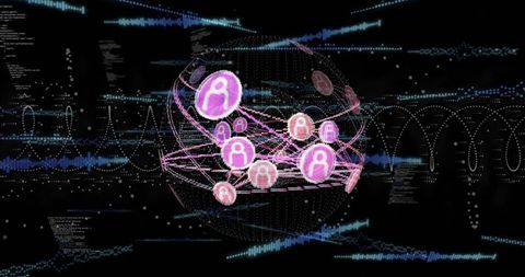 Glowing Spherical Data Network with Flowing Pink Lines and Magenta Avatar Nodes, Cyberspace