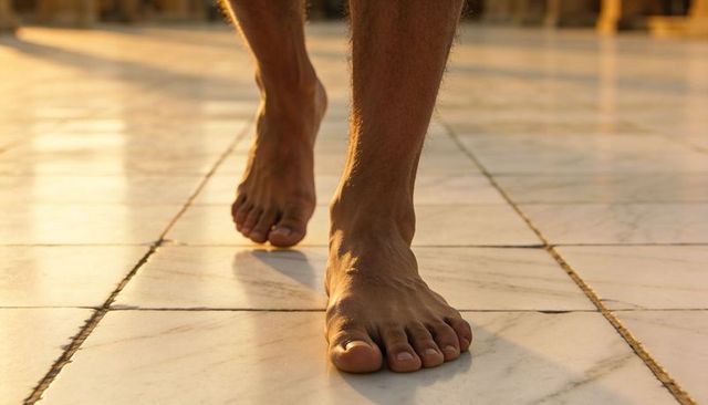 Walking barefoot on sunlit marble tiles close-up showing male feet, texture and grout lines