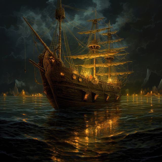 A majestic sailing ship glides through nighttime waters. Illuminated by lanterns, the vessel's details stand out against the dark sea and sky backdrop.