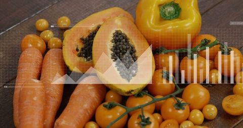 Fresh produces with nutritional data overlays on wooden table surface