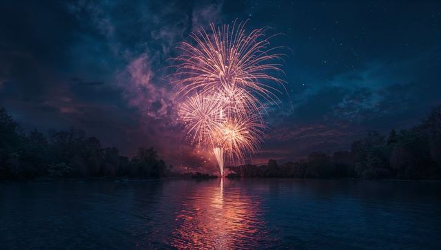Dazzling fireworks reflecting on tranquil lake at dusk