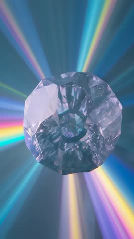 Rotating faceted crystal revealing circular cavity and prismatic light rays on teal backdrop