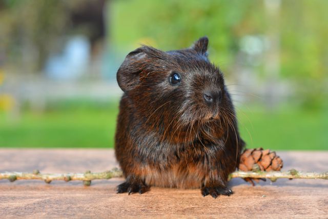A cute brown guinea pig sits on a wooden surface with blurred greenery in the background. The furry rodent looks curious and endearing, perfect for representing pet care, wildlife, and natural surroundings. Ideal for use in articles about pets, rodent care, or nature-themed pieces.