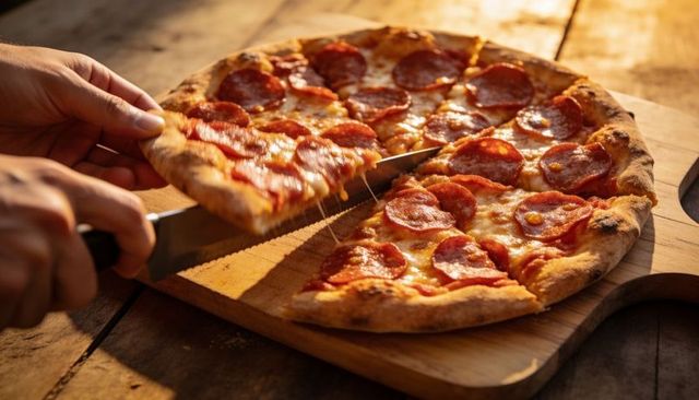 Slicing pepperoni pizza on wooden board with gooey cheese pull and rustic warm lighting