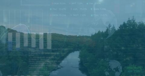Digital financial data overlaid on nature landscape background