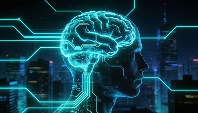 Holographic Brain Overlaid on Male Profile with Neon Circuit Network and Cityscape