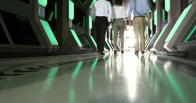Group of people walking through a high-tech corridor illuminated with green lights, representing innovation and collaboration in a modern work environment. Ideal for using in presentations, articles, or marketing materials focusing on technology, future workplaces, or team dynamics.