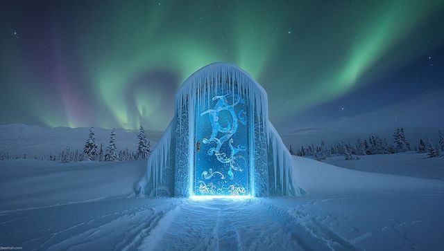 Glowing ice portal with aurora borealis in winter wonderland