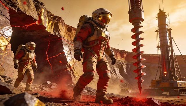 Astronauts exploring volcanic canyon with giant spiral drill on red planet