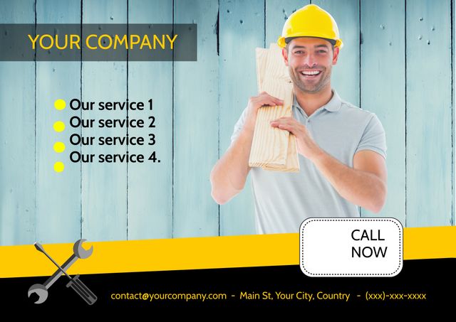 Smiling Construction Worker Displaying Services for Home Renovation - Download Free Stock Templates Pikwizard.com