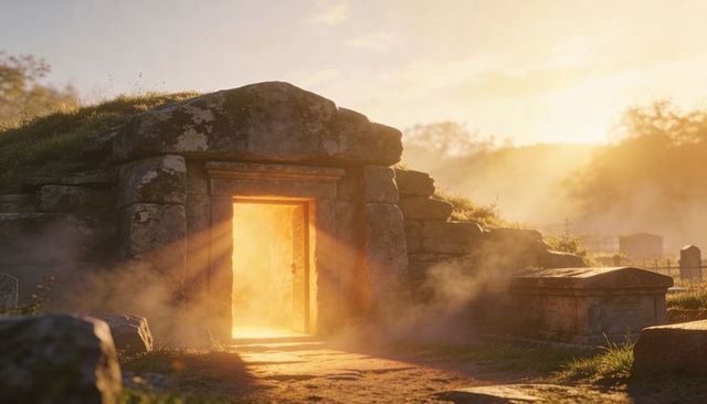 Glowing ancient passage tomb doorway emitting golden light and mist at sunrise