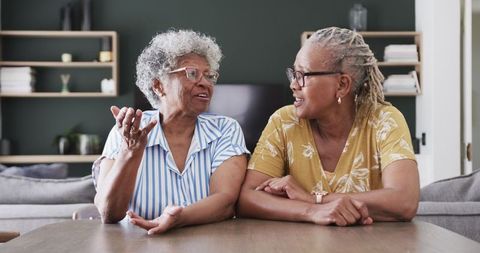 Senior Friends Chatting Happily at Home