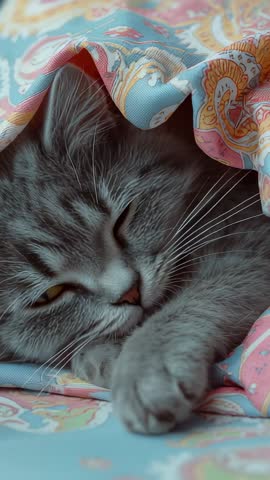Blinking grey longhaired cat tucking paw under paisley blanket, settling in cozy vertical video