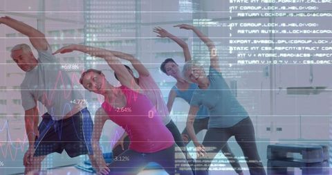 Multigenerational group stretching in urban fitness class with digital data overlay, ar