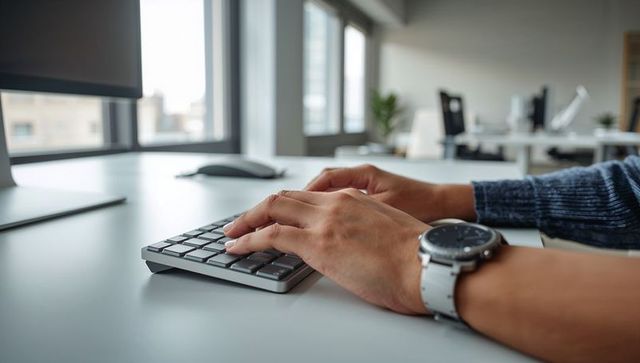 Hands typing on wireless keyboard in modern office workspace
