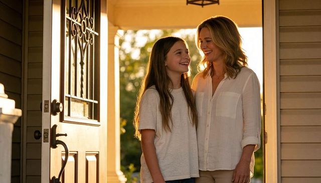 Smiling mother and daughter sharing golden-hour moment on sunlit front porch, family love and warmth