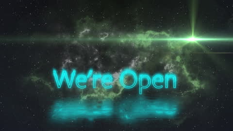 Neon We Are Open Sign in Cosmic Space Theme