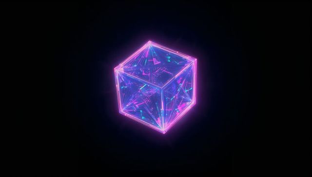 Neon Wireframe Cube with Swirling Particles in Digital Void