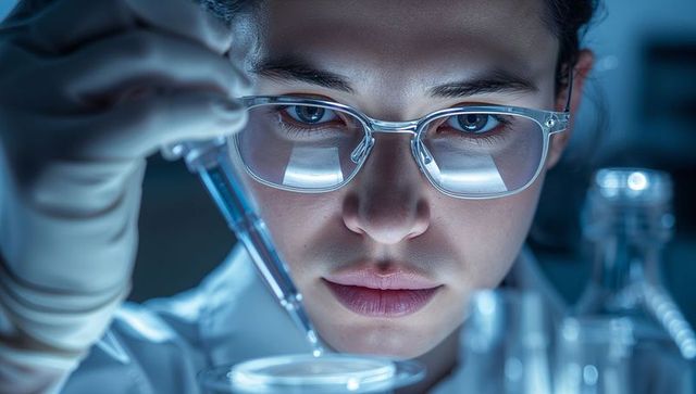 Female scientist pipetting sample into petri dish closeup laboratory research portrait