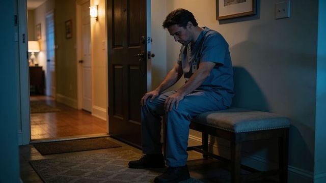 Exhausted healthcare worker sitting on foyer bench after shift in blue scrubs with id