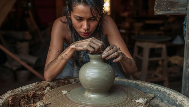 Woman potter shaping clay vase on wheel refining neck with focused hands studio artisan