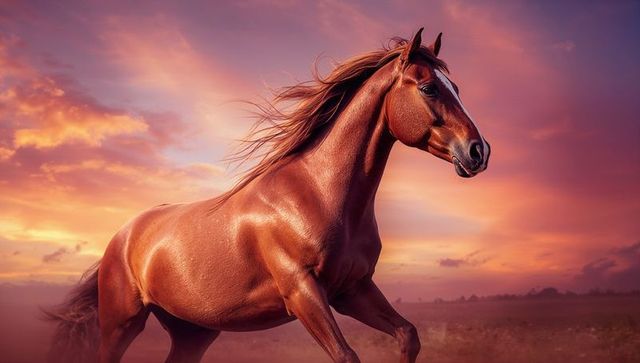 Chestnut Horse Galloping Through Enchanting Sunset Landscape