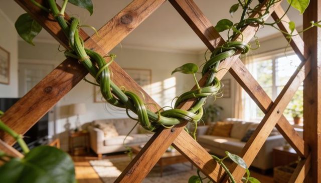 Braided pothos vine framing sunlit living room through wooden lattice trellis cozy decor