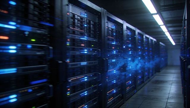 Streaming data through high-density server racks with glowing blue leds in futuristic data center