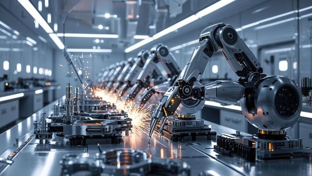 Advanced robotic arms welding in high-tech manufacturing plant