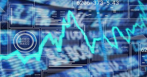 Cyan Financial Data Dashboard with Rising Trend Line and Futuristic Analytics Interface