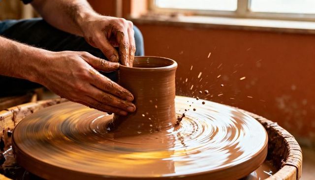 Hands shaping clay pot on wheel with slip splashes in sunlit ceramics studio
