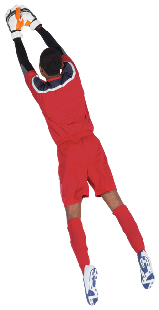 Transparent goalkeeper in red uniform making jumping save action - Download Free Stock Videos Pikwizard.com