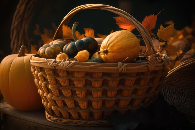 Wooden basket with colorful pumpkins and autumn leaves created using generative ai technology. Autumn, halloween and nature concept digitally generated image.