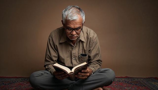 Elderly man reading hardcover book cross-legged on patterned rug, thoughtful senior