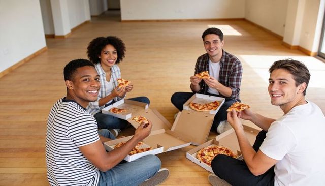 Young friends sharing pizza on hardwood floor during move-in day, unpacking and smiling