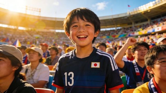 Smiling asian boy cheering in japan soccer jersey number 13 at sunlit stadium with crowd