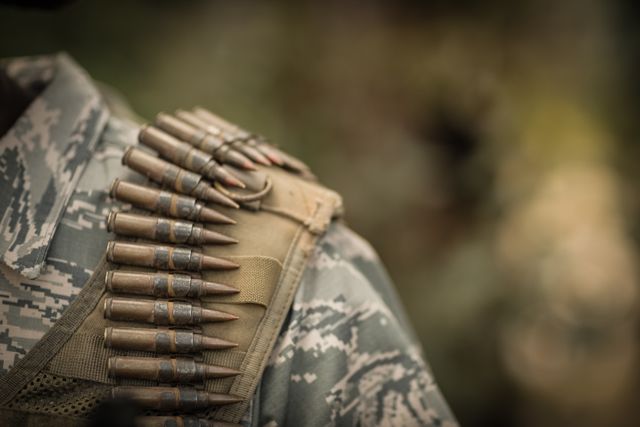 This image captures a close-up view of a soldier wearing ammunition during boot camp. The focus is on the bullets strapped across the soldier's chest, highlighting the military gear and uniform. This image can be used for articles or content related to military training, defense forces, tactical gear, or combat readiness.
