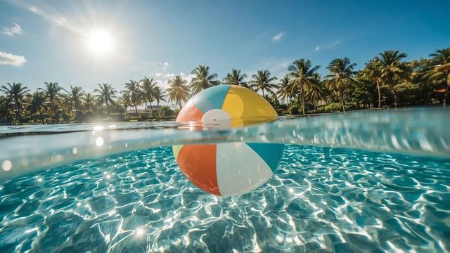 Colorful beach ball floating in tropical resort pool