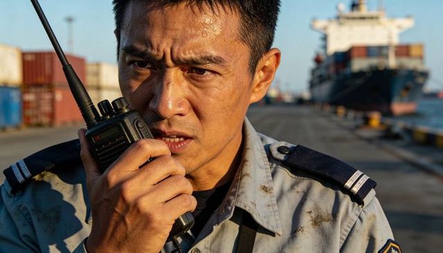 Tense asian maritime officer using radio at busy container port quay during dock operations
