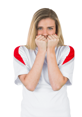 Nervous Female Football Fan in White Jersey on Transparent Background